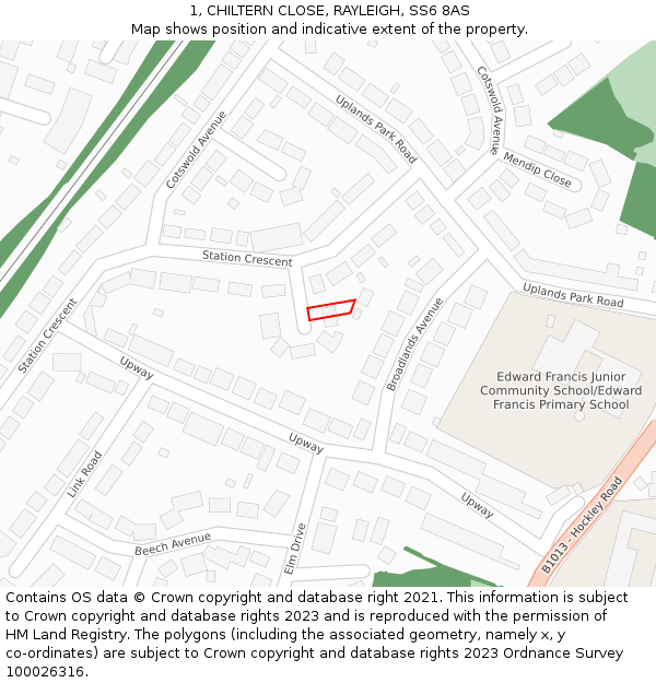 1, CHILTERN CLOSE, RAYLEIGH, SS6 8AS: Location map and indicative extent of plot