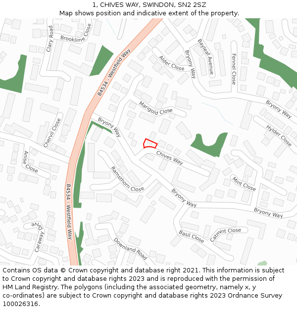 1, CHIVES WAY, SWINDON, SN2 2SZ: Location map and indicative extent of plot