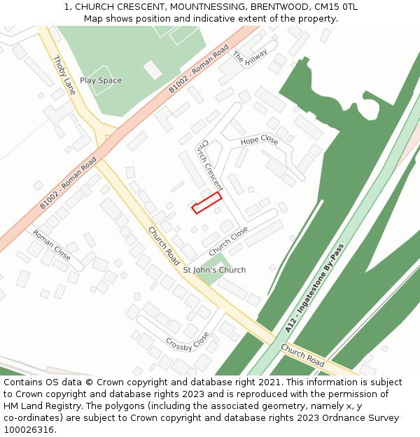 1, CHURCH CRESCENT, MOUNTNESSING, BRENTWOOD, CM15 0TL: Location map and indicative extent of plot