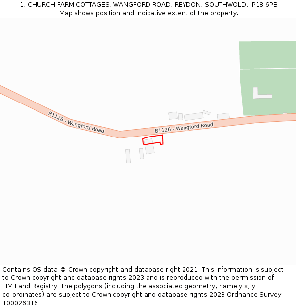 1, CHURCH FARM COTTAGES, WANGFORD ROAD, REYDON, SOUTHWOLD, IP18 6PB: Location map and indicative extent of plot