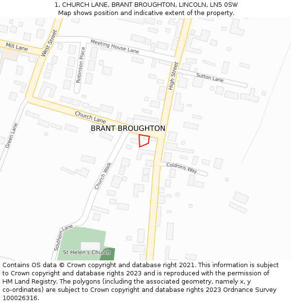 1, CHURCH LANE, BRANT BROUGHTON, LINCOLN, LN5 0SW: Location map and indicative extent of plot