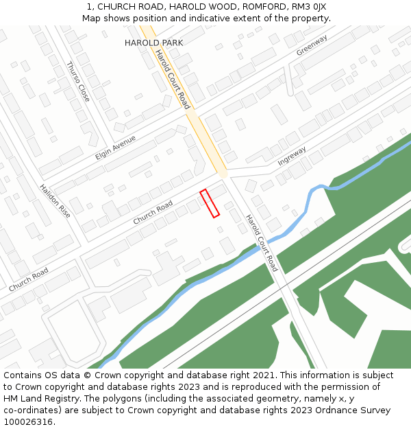 1, CHURCH ROAD, HAROLD WOOD, ROMFORD, RM3 0JX: Location map and indicative extent of plot