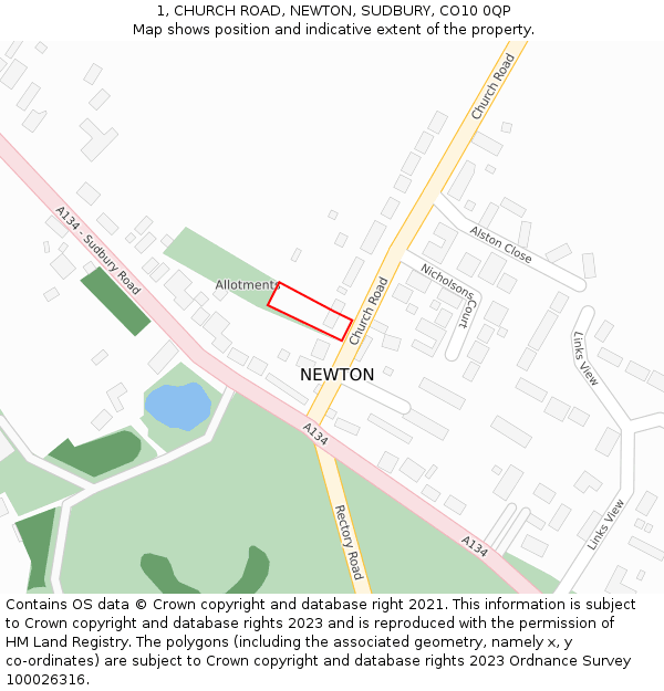 1, CHURCH ROAD, NEWTON, SUDBURY, CO10 0QP: Location map and indicative extent of plot