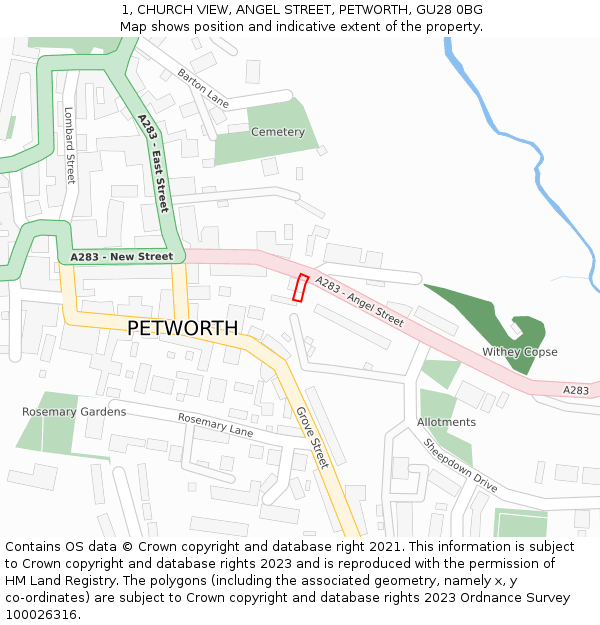 1, CHURCH VIEW, ANGEL STREET, PETWORTH, GU28 0BG: Location map and indicative extent of plot