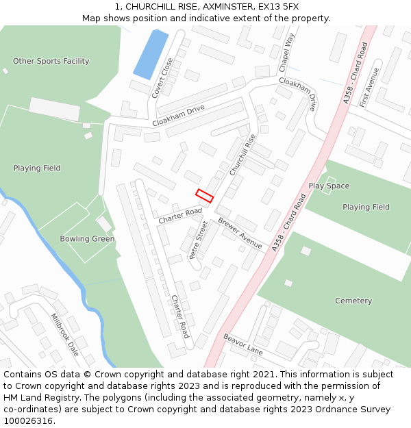 1, CHURCHILL RISE, AXMINSTER, EX13 5FX: Location map and indicative extent of plot