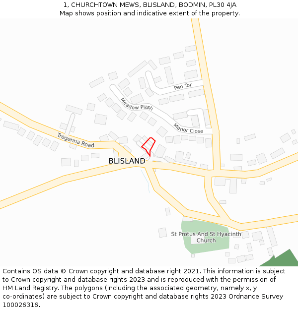 1, CHURCHTOWN MEWS, BLISLAND, BODMIN, PL30 4JA: Location map and indicative extent of plot