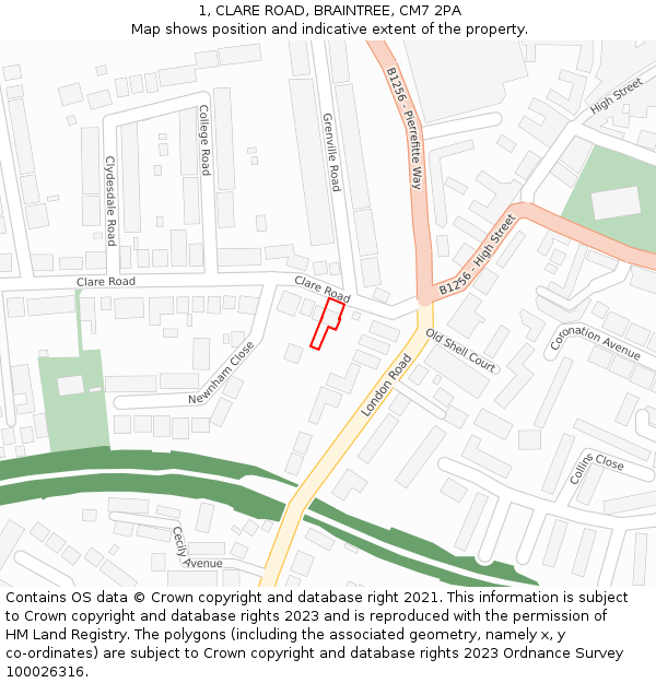 1, CLARE ROAD, BRAINTREE, CM7 2PA: Location map and indicative extent of plot