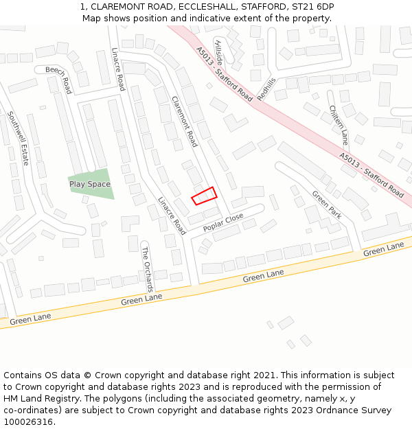 1, CLAREMONT ROAD, ECCLESHALL, STAFFORD, ST21 6DP: Location map and indicative extent of plot