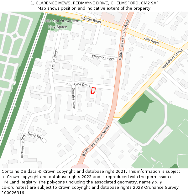 1, CLARENCE MEWS, REDMAYNE DRIVE, CHELMSFORD, CM2 9AF: Location map and indicative extent of plot