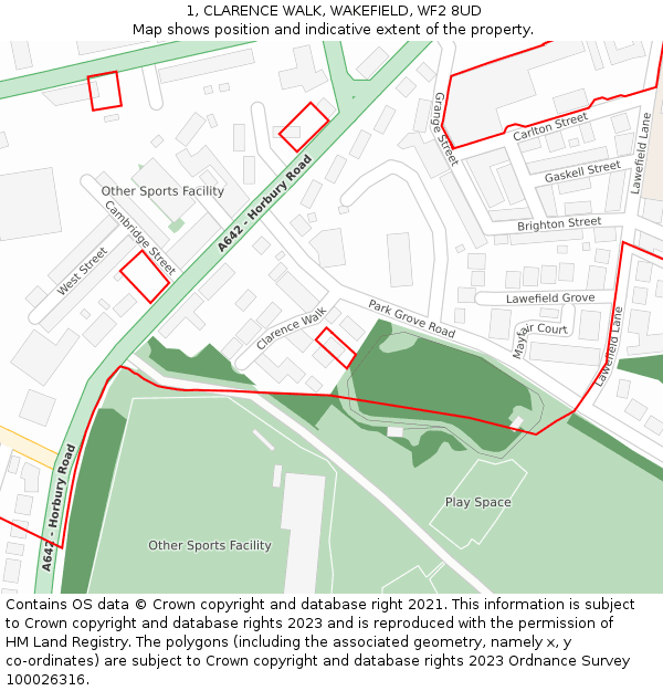 1, CLARENCE WALK, WAKEFIELD, WF2 8UD: Location map and indicative extent of plot