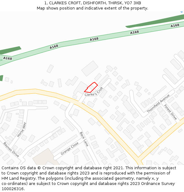 1, CLARKES CROFT, DISHFORTH, THIRSK, YO7 3XB: Location map and indicative extent of plot