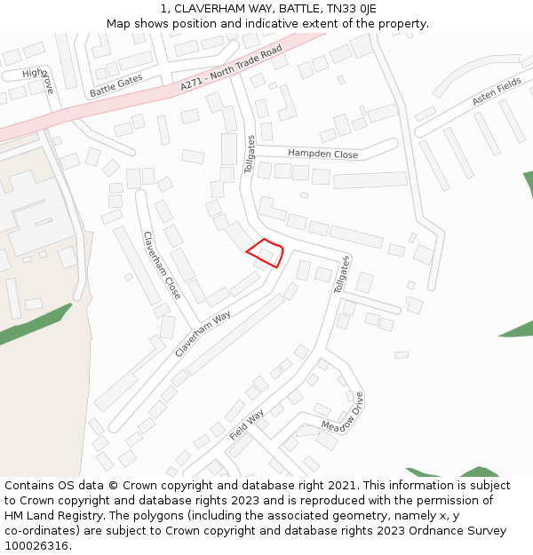 1, CLAVERHAM WAY, BATTLE, TN33 0JE: Location map and indicative extent of plot