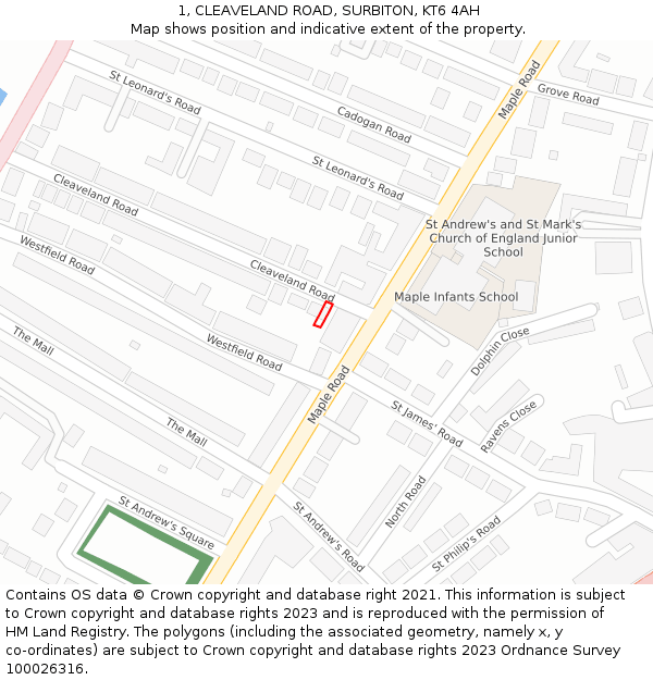 1, CLEAVELAND ROAD, SURBITON, KT6 4AH: Location map and indicative extent of plot