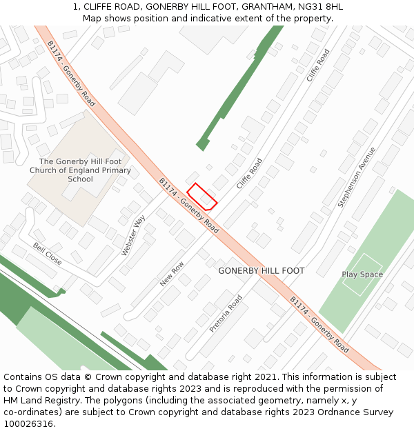 1, CLIFFE ROAD, GONERBY HILL FOOT, GRANTHAM, NG31 8HL: Location map and indicative extent of plot