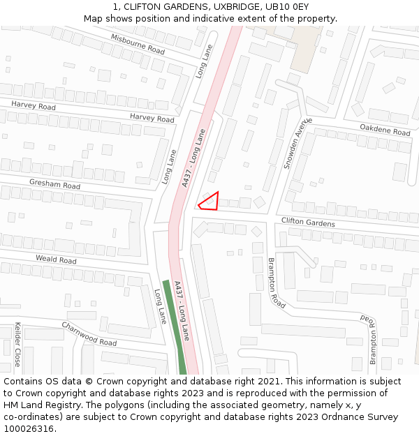 1, CLIFTON GARDENS, UXBRIDGE, UB10 0EY: Location map and indicative extent of plot