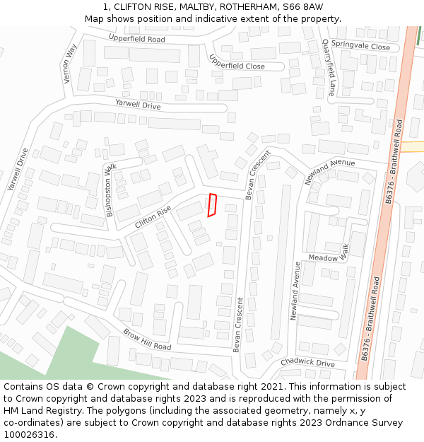 1, CLIFTON RISE, MALTBY, ROTHERHAM, S66 8AW: Location map and indicative extent of plot