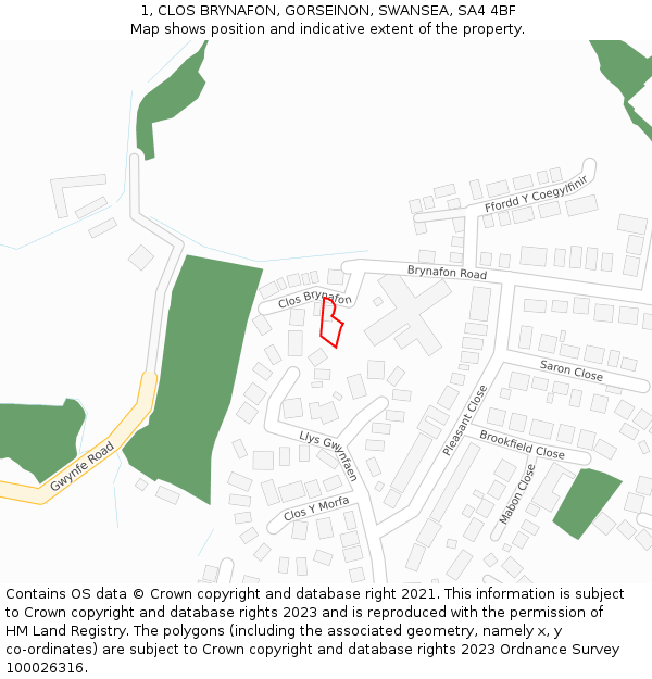 1, CLOS BRYNAFON, GORSEINON, SWANSEA, SA4 4BF: Location map and indicative extent of plot