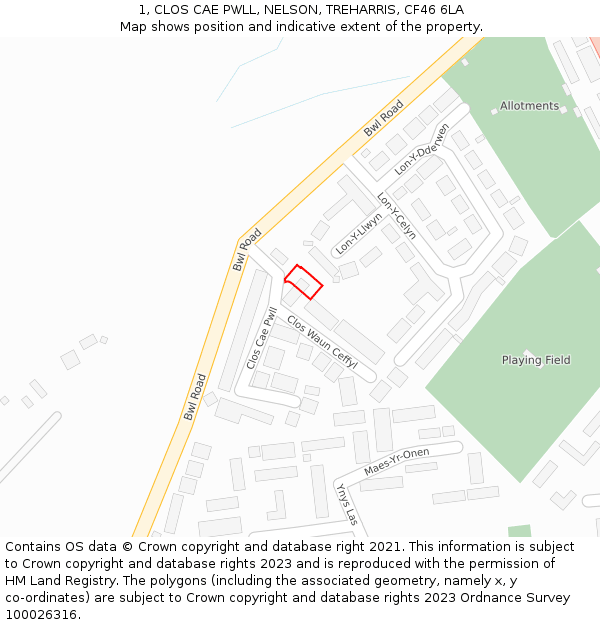 1, CLOS CAE PWLL, NELSON, TREHARRIS, CF46 6LA: Location map and indicative extent of plot