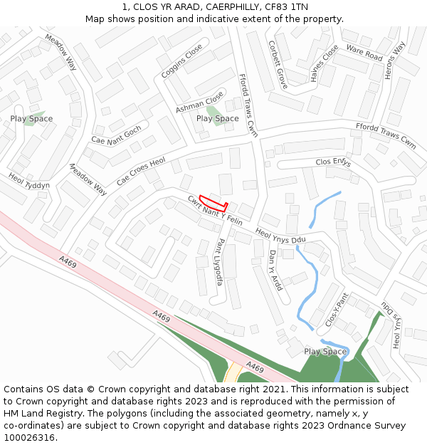 1, CLOS YR ARAD, CAERPHILLY, CF83 1TN: Location map and indicative extent of plot