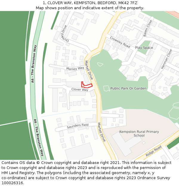 1, CLOVER WAY, KEMPSTON, BEDFORD, MK42 7FZ: Location map and indicative extent of plot