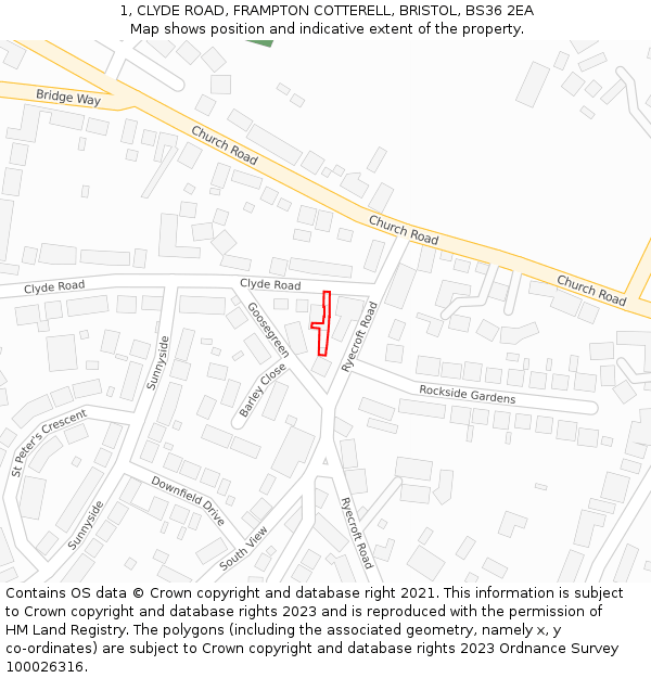 1, CLYDE ROAD, FRAMPTON COTTERELL, BRISTOL, BS36 2EA: Location map and indicative extent of plot