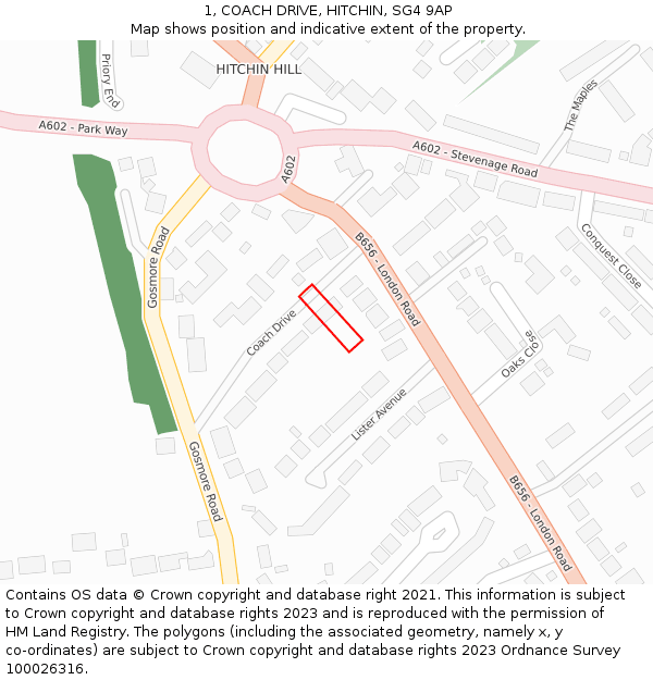 1, COACH DRIVE, HITCHIN, SG4 9AP: Location map and indicative extent of plot