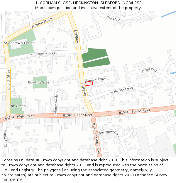 1, COBHAM CLOSE, HECKINGTON, SLEAFORD, NG34 9SE: Location map and indicative extent of plot