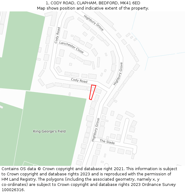 1, CODY ROAD, CLAPHAM, BEDFORD, MK41 6ED: Location map and indicative extent of plot