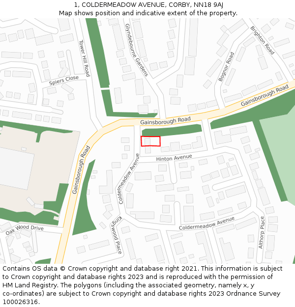 1, COLDERMEADOW AVENUE, CORBY, NN18 9AJ: Location map and indicative extent of plot