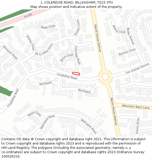 1, COLERIDGE ROAD, BILLINGHAM, TS23 3TN: Location map and indicative extent of plot