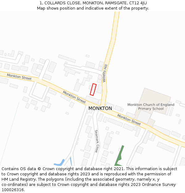 1, COLLARDS CLOSE, MONKTON, RAMSGATE, CT12 4JU: Location map and indicative extent of plot