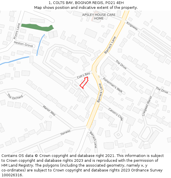 1, COLTS BAY, BOGNOR REGIS, PO21 4EH: Location map and indicative extent of plot