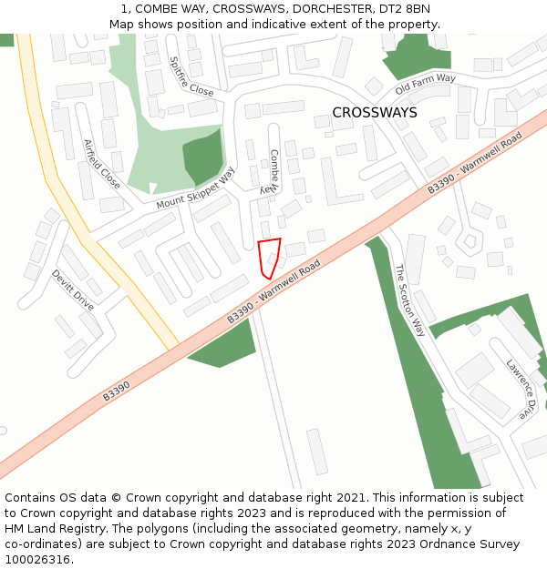 1, COMBE WAY, CROSSWAYS, DORCHESTER, DT2 8BN: Location map and indicative extent of plot