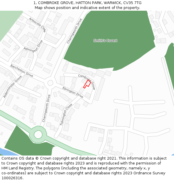 1, COMBROKE GROVE, HATTON PARK, WARWICK, CV35 7TG: Location map and indicative extent of plot