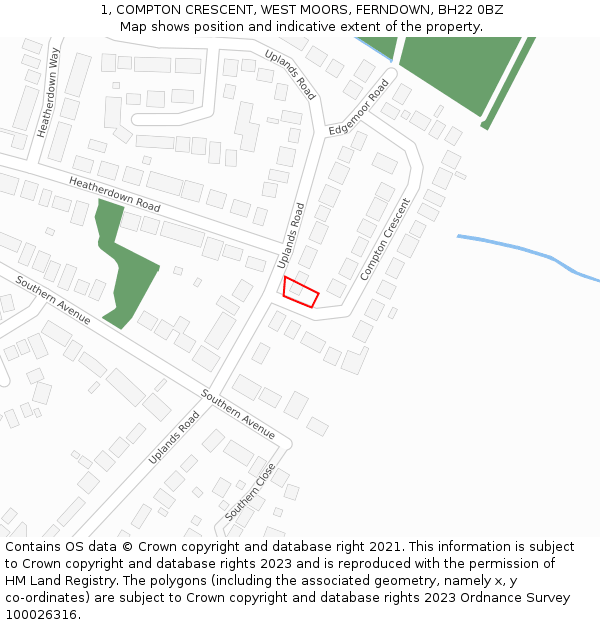 1, COMPTON CRESCENT, WEST MOORS, FERNDOWN, BH22 0BZ: Location map and indicative extent of plot