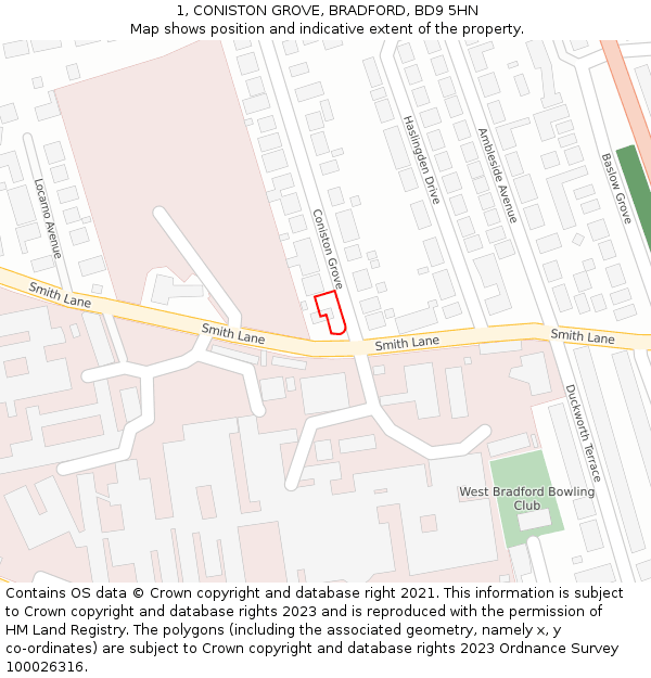 1, CONISTON GROVE, BRADFORD, BD9 5HN: Location map and indicative extent of plot