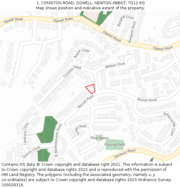 1, CONISTON ROAD, OGWELL, NEWTON ABBOT, TQ12 6YJ: Location map and indicative extent of plot