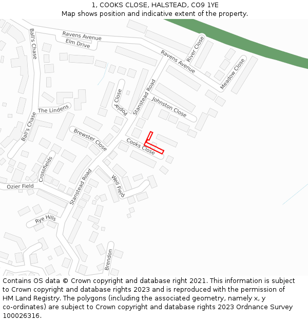 1, COOKS CLOSE, HALSTEAD, CO9 1YE: Location map and indicative extent of plot