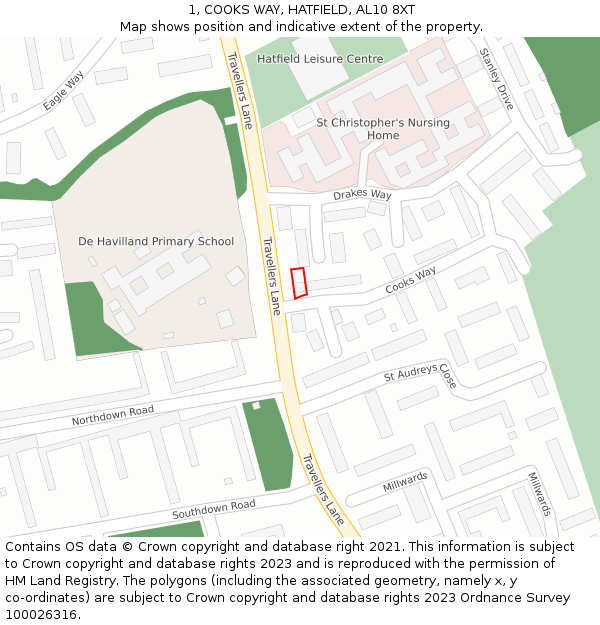 1, COOKS WAY, HATFIELD, AL10 8XT: Location map and indicative extent of plot