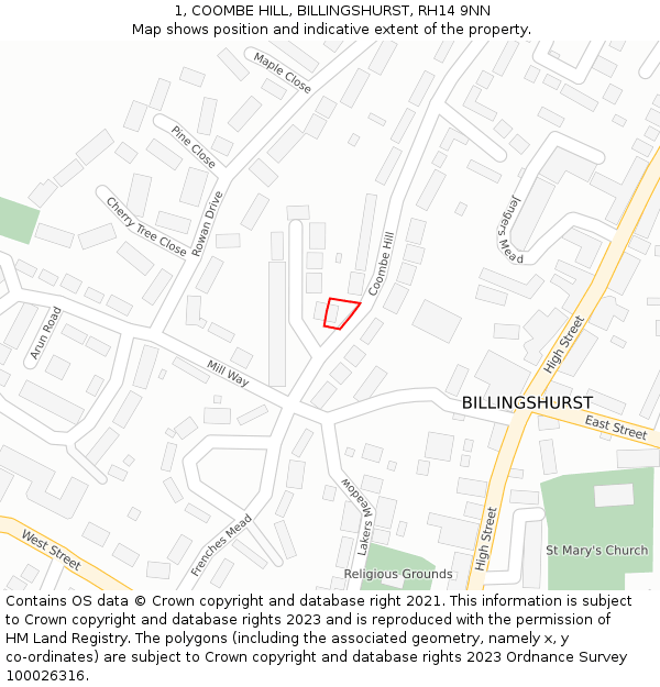 1, COOMBE HILL, BILLINGSHURST, RH14 9NN: Location map and indicative extent of plot