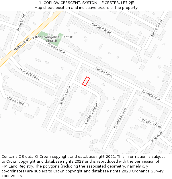 1, COPLOW CRESCENT, SYSTON, LEICESTER, LE7 2JE: Location map and indicative extent of plot