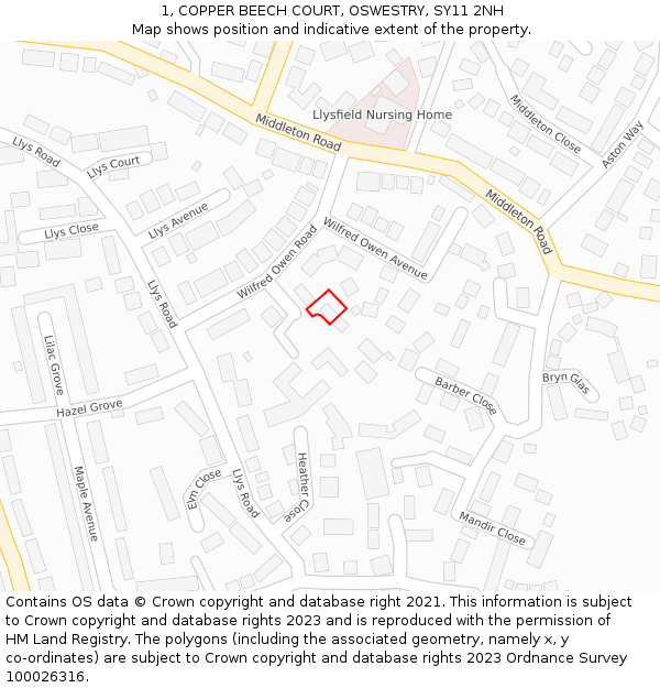 1, COPPER BEECH COURT, OSWESTRY, SY11 2NH: Location map and indicative extent of plot