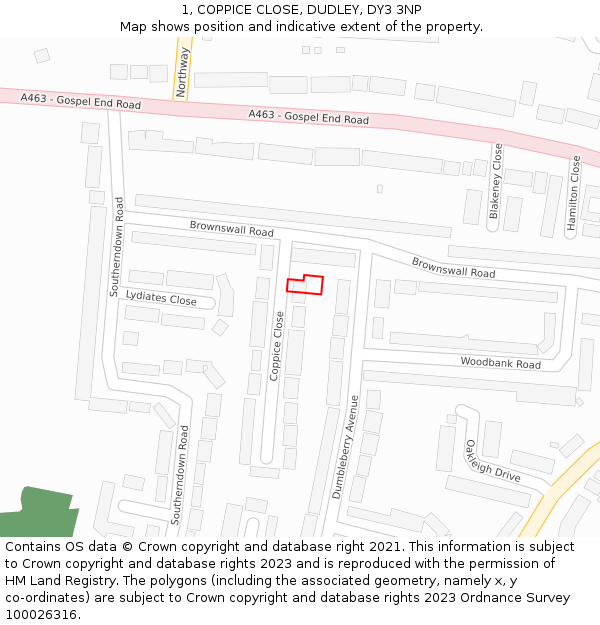 1, COPPICE CLOSE, DUDLEY, DY3 3NP: Location map and indicative extent of plot