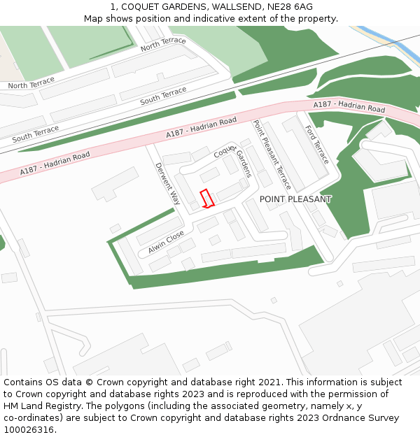 1, COQUET GARDENS, WALLSEND, NE28 6AG: Location map and indicative extent of plot