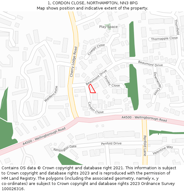 1, CORDON CLOSE, NORTHAMPTON, NN3 8PG: Location map and indicative extent of plot