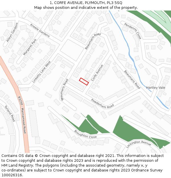 1, CORFE AVENUE, PLYMOUTH, PL3 5SQ: Location map and indicative extent of plot