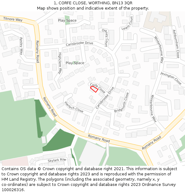 1, CORFE CLOSE, WORTHING, BN13 3QR: Location map and indicative extent of plot