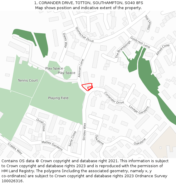 1, CORIANDER DRIVE, TOTTON, SOUTHAMPTON, SO40 8FS: Location map and indicative extent of plot