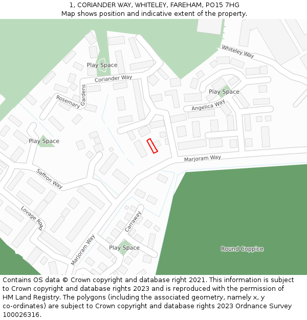 1, CORIANDER WAY, WHITELEY, FAREHAM, PO15 7HG: Location map and indicative extent of plot