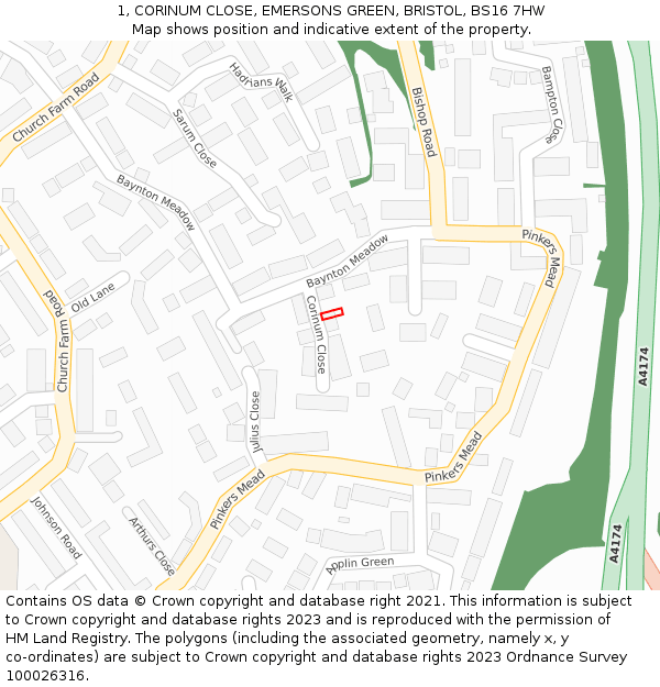 1, CORINUM CLOSE, EMERSONS GREEN, BRISTOL, BS16 7HW: Location map and indicative extent of plot